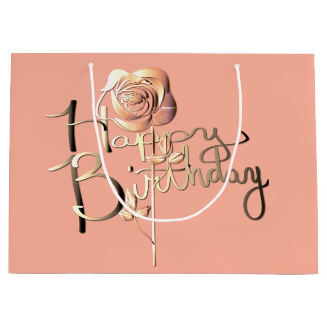 Grand Sac Cadeau "Joyeux anniversaire" Rose avec Rose (Devant)