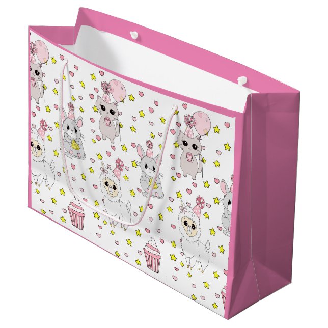 Grand Sac Cadeau Joyeux Anniversaire rose lama, chatons et souris (Devant Angle)