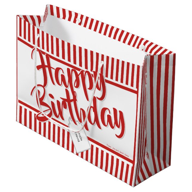 Grand Sac Cadeau Joyeux Anniversaire Rouge/Blanc Simple Stripes Mot (Devant Angle)