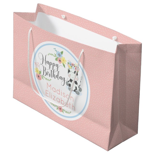 Grand Sac Cadeau Joyeux Anniversaire Vache Florale Veau Custom (Devant Angle)