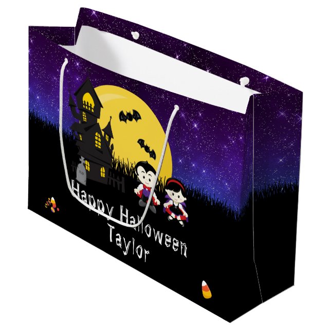 Grand Sac Cadeau Joyeux costume d'Halloween Vampires violet (Devant Angle)
