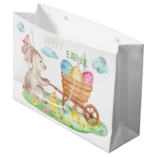 Grand Sac Cadeau Joyeux Easter mignon Aquarelle Bunny Poussins Oeuf (Devant Angle)