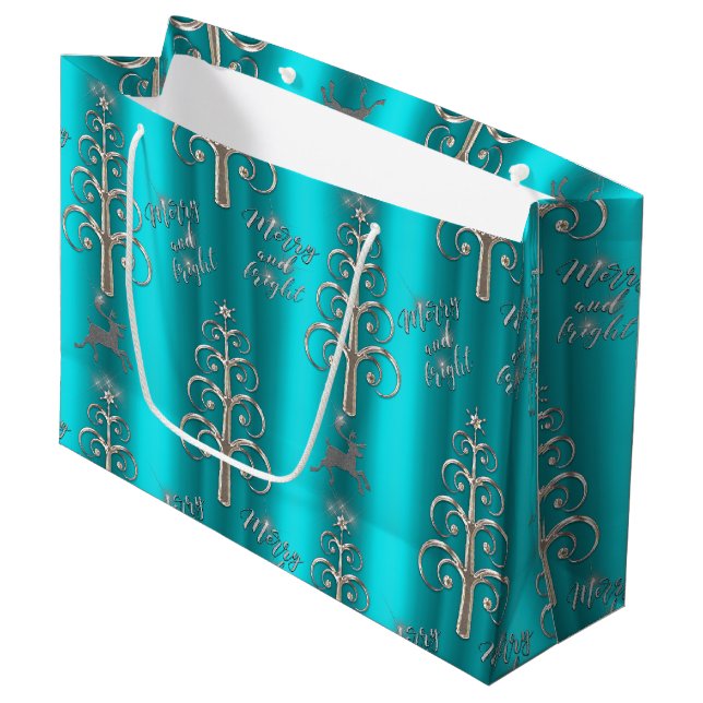 Grand Sac Cadeau Joyeux et lumineux Aqua et Noël d'argent (Devant Angle)