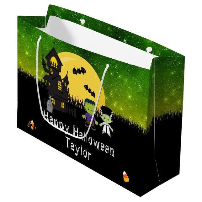 Grand Sac Cadeau Joyeux Halloween Costume de fête Monstres Green (Devant Angle)