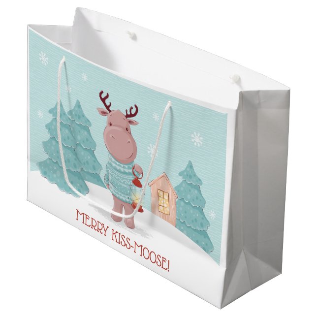 Grand Sac Cadeau Joyeux Kiss Moose Noël (Devant Angle)