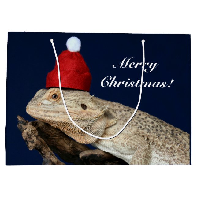 Grand Sac Cadeau Joyeux Lézard Dragon Bearé Noël - Santa Hat (Dos)