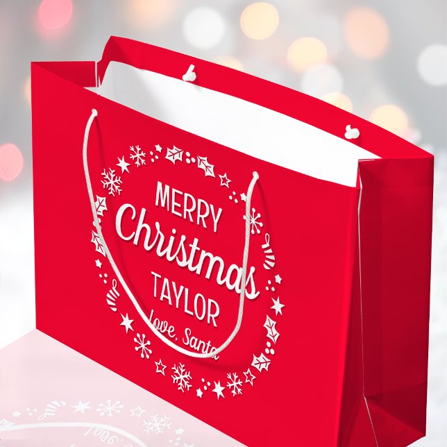 Grand Sac Cadeau Joyeux Noël Amour Père Noël Nom personnalisé Rouge (Créateur téléchargé)