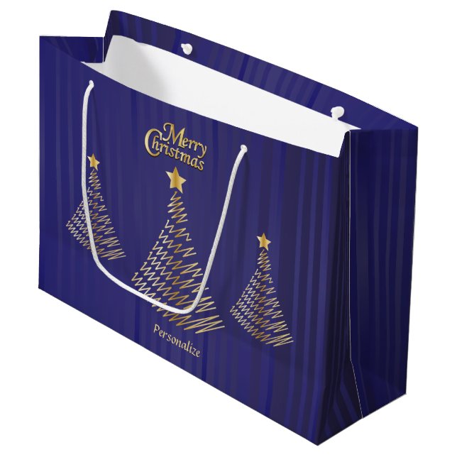 Grand Sac Cadeau Joyeux Noël Bleu foncé et Arbres d'or (Devant Angle)