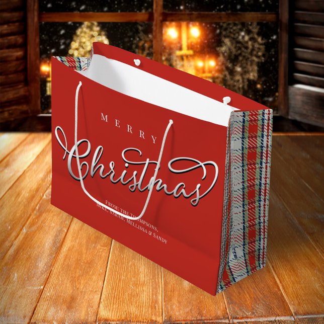 Grand Sac Cadeau Joyeux Noël Calligraphie Script mignon Rouge Plaid (Merry Christmas holiday red and green plaid pattern gift bag.)