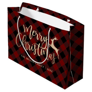 Grand Sac Cadeau Joyeux Noël d'or Noir & Rouge Plaid