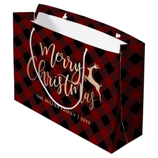 Grand Sac Cadeau Joyeux Noël d'or Noir & Rouge Plaid (Dos Angle)