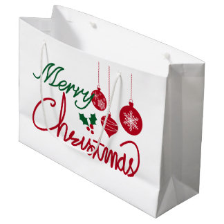 Grand Sac Cadeau Joyeux Noël écriture rouge et verte avec ornements