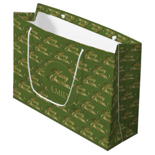 Grand Sac Cadeau Joyeux Noël Elégant Olive Green Gold Script