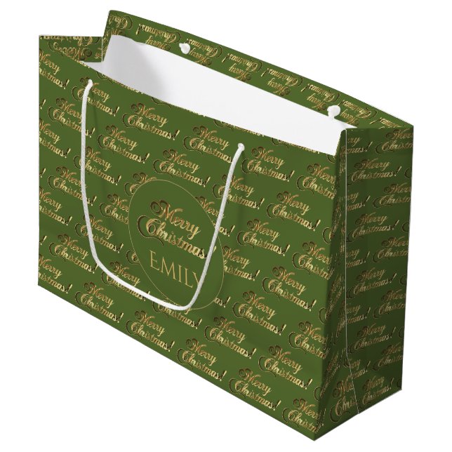 Grand Sac Cadeau Joyeux Noël Elégant Olive Green Gold Script (Devant Angle)
