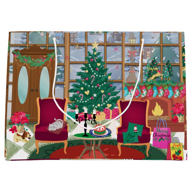 Grand Sac Cadeau Joyeux Noël Fenêtre Village Scène (Devant)
