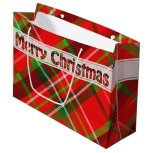 Grand Sac Cadeau Joyeux Noël Festif Tartan Motif Rouge Vert