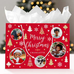 Grand Sac Cadeau Joyeux Noël Festive Arbres Nom photo Rouge