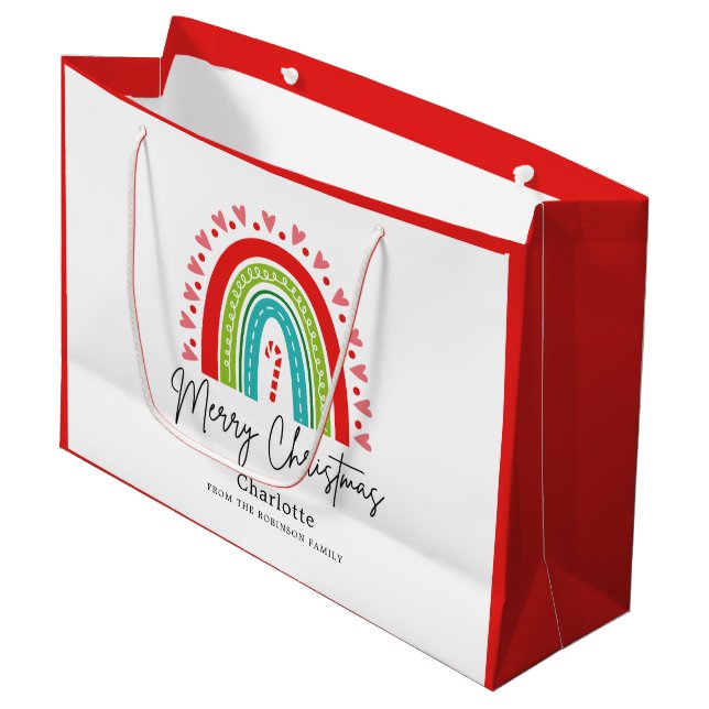 Grand Sac Cadeau Joyeux Noël Festive Rainbow Sucre de canne Coeur (Devant Angle)