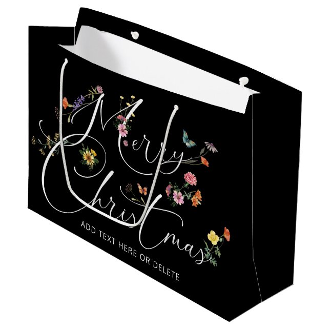 Grand Sac Cadeau Joyeux Noël Fleurs sauvages Vacances Noir moderne (Devant Angle)