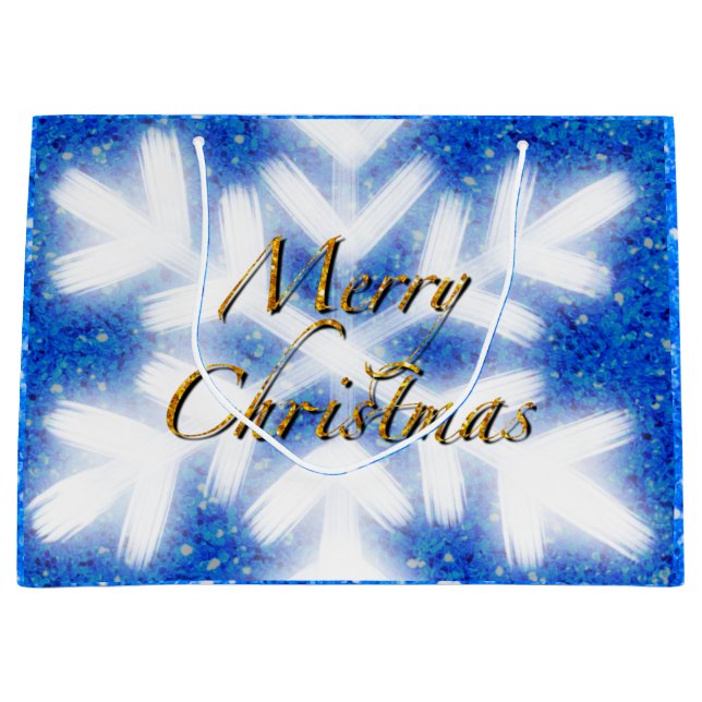 Grand Sac Cadeau Joyeux Noël flocons de neige élégante calligraphie (Devant)