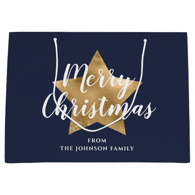 Grand Sac Cadeau Joyeux Noël Gold Star Marine Blue (Devant)