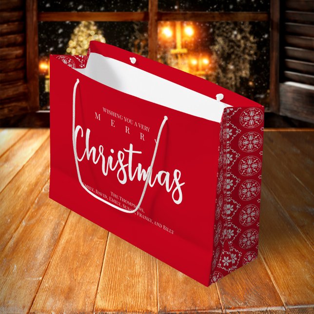 Grand Sac Cadeau Joyeux Noël mignon Whimsical Red Snowflake (Merry Christmas snowflake pattern calligraphy script large gift bag.)