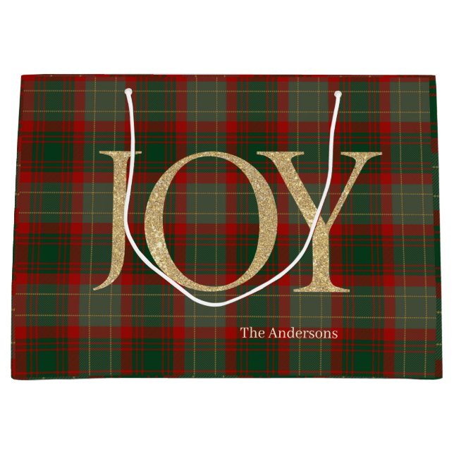 Grand Sac Cadeau Joyeux Noël moderne Joy rouge tartan (Devant)