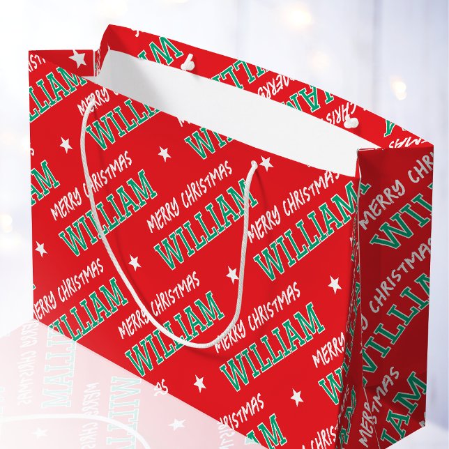 Grand Sac Cadeau Joyeux Noël Nom personnalisé Rouge Vert (Créateur téléchargé)