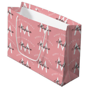 Grand Sac Cadeau Joyeux Noël personnalisé Blush Pink Monogramme