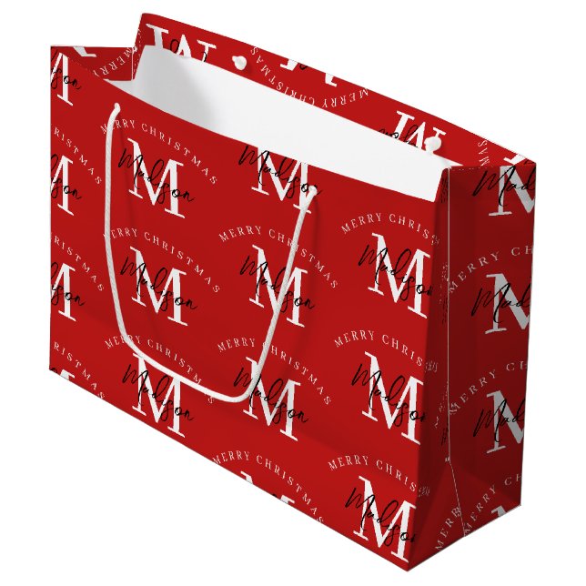 Grand Sac Cadeau Joyeux Noël personnalisé Monogramme rouge (Devant Angle)