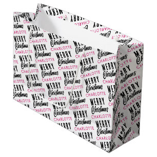 Grand Sac Cadeau Joyeux Noël personnalisé Nom rose tendance