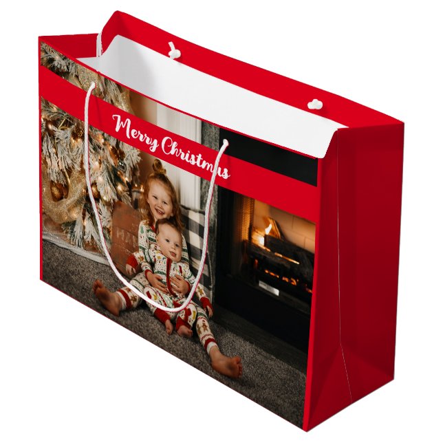 Grand Sac Cadeau Joyeux Noël Photo Collage Red Happy Holiday (Devant Angle)