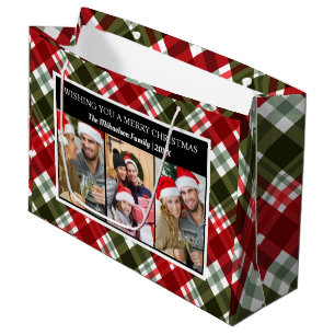 Grand Sac Cadeau Joyeux Noël Plaid Tartan Photo Collage