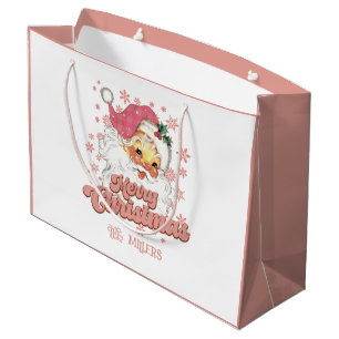 Grand Sac Cadeau Joyeux Noël Retro Typographie Père Noël Pink Casqu