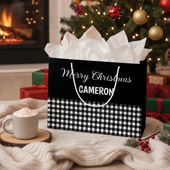 Grand Sac Cadeau Joyeux Noël Rustique noir & blanc Buffalo plaqué (Créateur téléchargé)