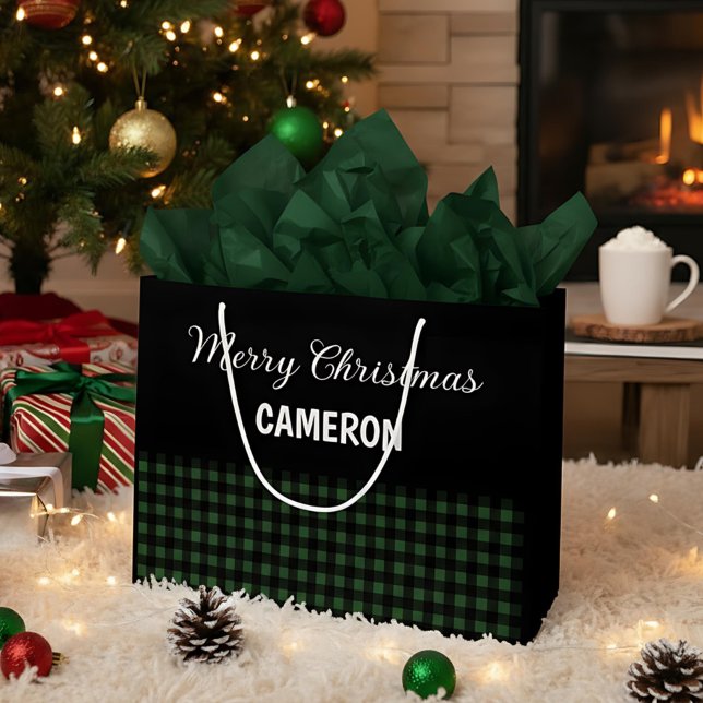 Grand Sac Cadeau Joyeux Noël Rustique Vert & Noir Buffalo Plaid (Créateur téléchargé)