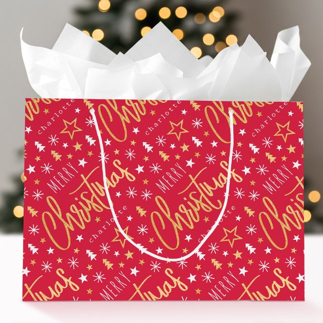 Grand Sac Cadeau Joyeux Noël Script Nom personnalisé Red Faux Gold (Créateur téléchargé)