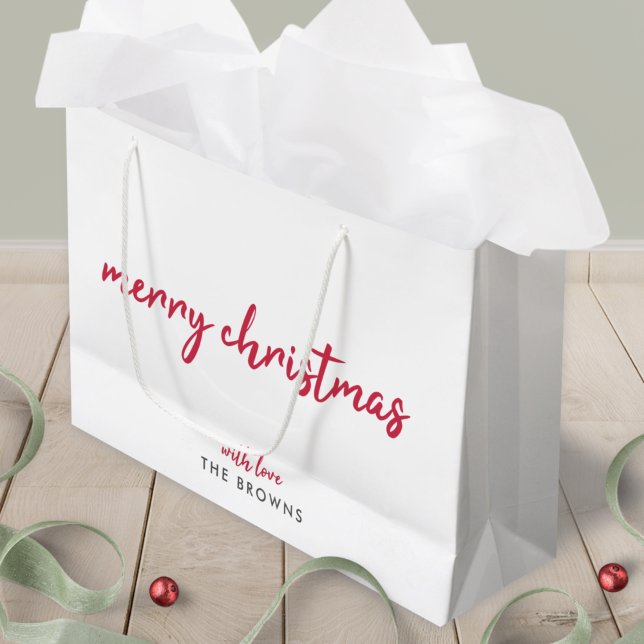 Grand Sac Cadeau Joyeux Noël | Typographie rouge minimaliste modern (Minimalist Christmas packaging designed for chic, personalized, and timeless festive gifting)