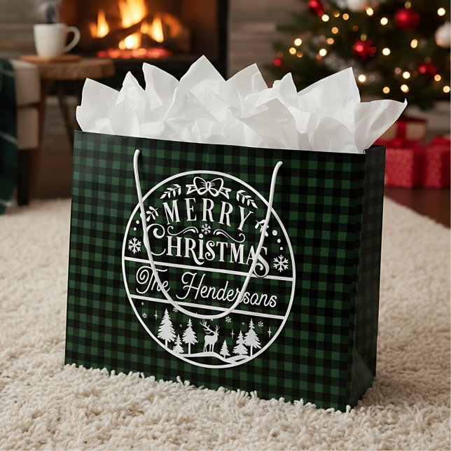 Grand Sac Cadeau Joyeux Noël vert et noir Buffalo Plaid sur mesure (Créateur téléchargé)