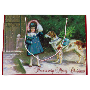 Grand Sac Cadeau Joyeux Noël Vintage - Chien fille