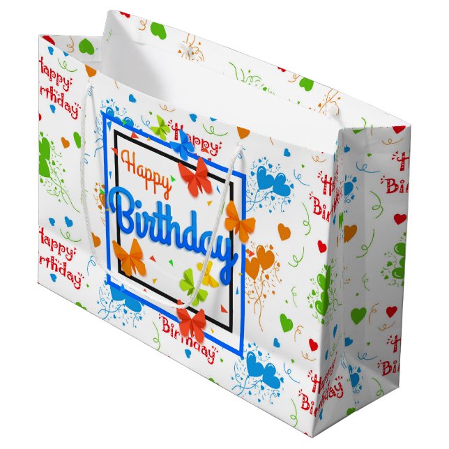 Grand Sac Cadeau Joyeux papillons d'anniversaire (Devant Angle)