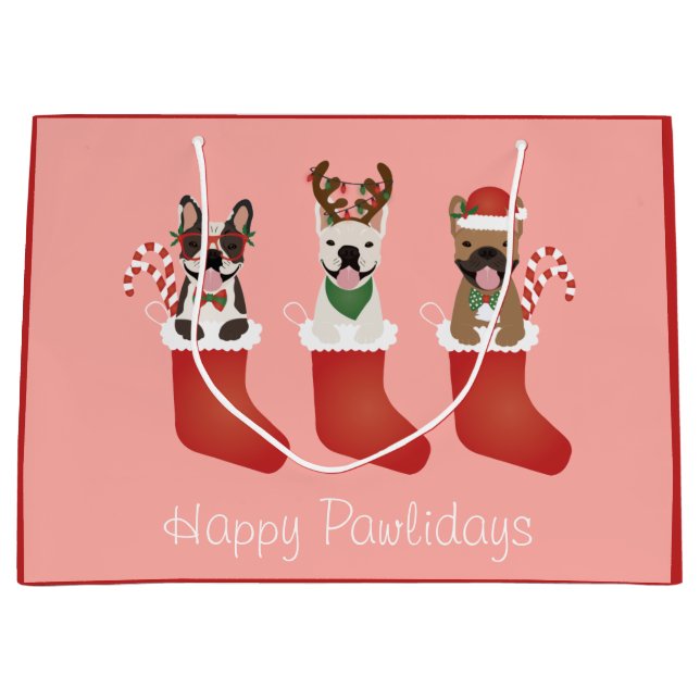 Grand Sac Cadeau Joyeux Pawlidays Français Bulldogs Noël Stocking (Devant)