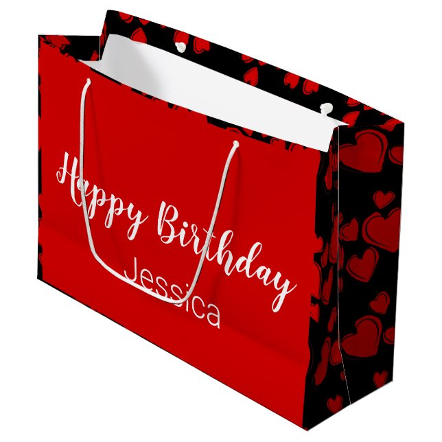 Grand Sac Cadeau Joyeux script d'anniversaire Coeurs Noir et Rouge (Devant Angle)