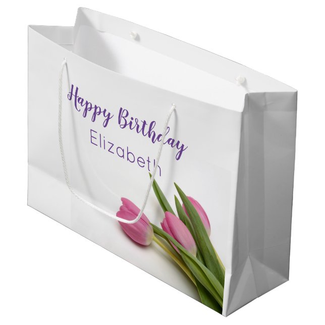 Grand Sac Cadeau Joyeux script d'anniversaire Tulipes rose Nom Modè (Devant Angle)