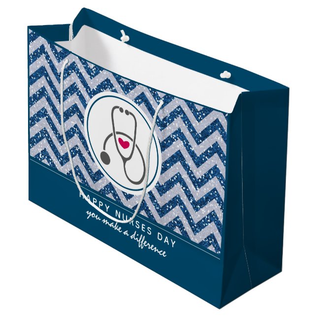 Grand Sac Cadeau Joyeux Stethoscope de jour des infirmières sur Blu (Devant Angle)