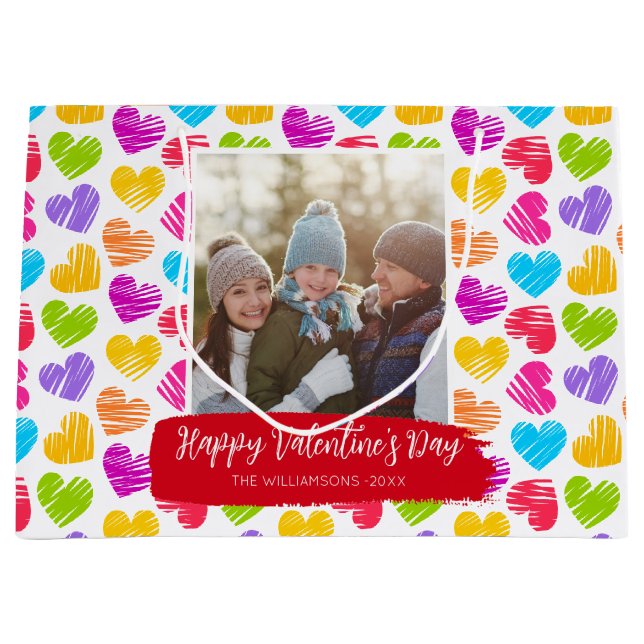 Grand Sac Cadeau Joyeux Valentines Jour Moderne Coeurs Vibrants Pho (Devant)