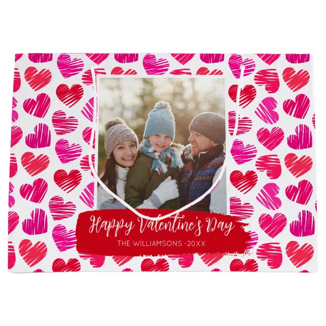 Grand Sac Cadeau Joyeux Valentines Jour Moderne Rouge Coeurs Rose P (Devant)