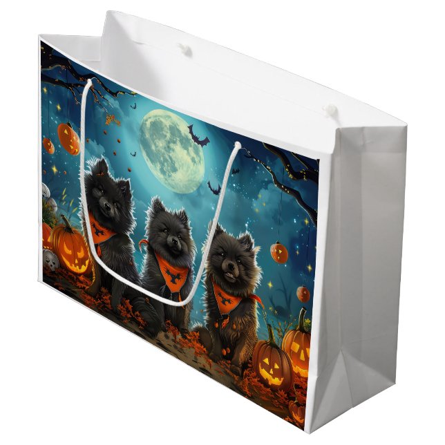 Grand Sac Cadeau Keeshond Halloween Éffrayant (Devant Angle)