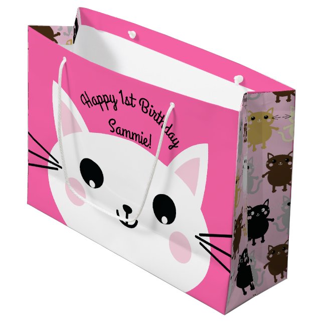 Grand Sac Cadeau Kitty Chat Anniversaire Fête Enfants (Devant Angle)