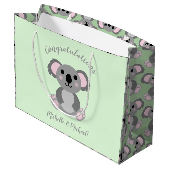 Grand Sac Cadeau Koala Bear Baby shower vert genre neutre (Dos Angle)